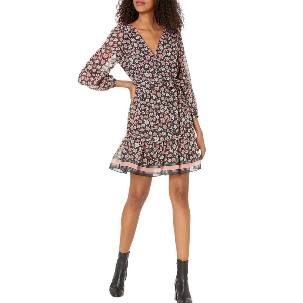 Club Monaco 100% Silk Floral Print Mini Dress Women Sz 4 Black Pink Long Sleeves